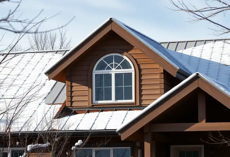 Illustration of a house with a standing-seam metal roof and snow-covered dormer window.