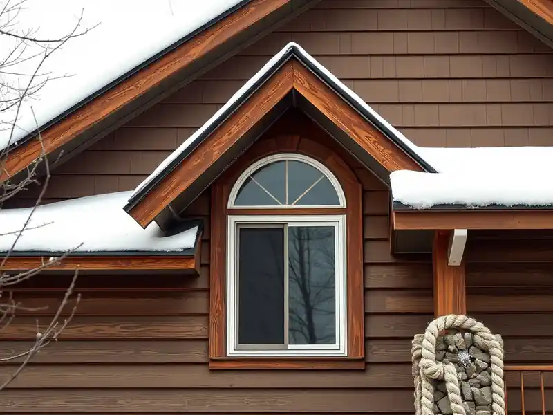 Illustration of a house with brown siding and arched window trim, snowy exterior.