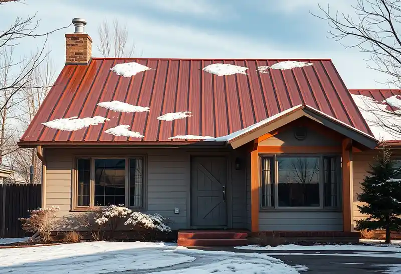 Illustration of house with a standing-seam metal roof, snow patches visible