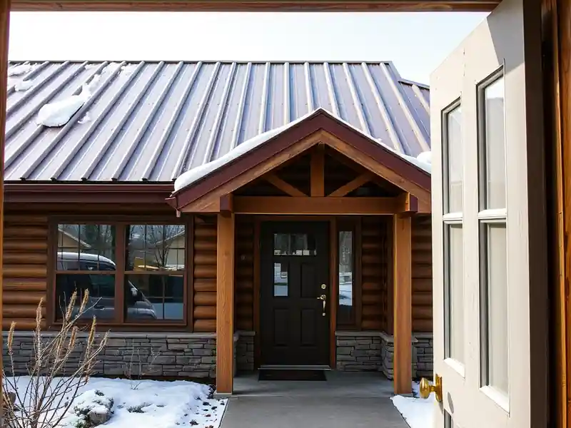 Illustration of a modern log cabin-style house with standing-seam metal roof and snow on the ground.
