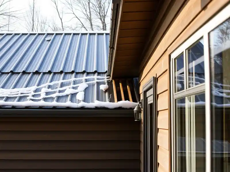 Illustration of corrugated metal roofing and wooden siding with snow on a house exterior.