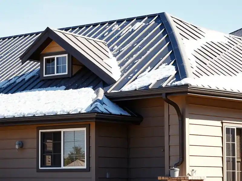 Illustration of a house with snow-covered standing-seam metal roof.