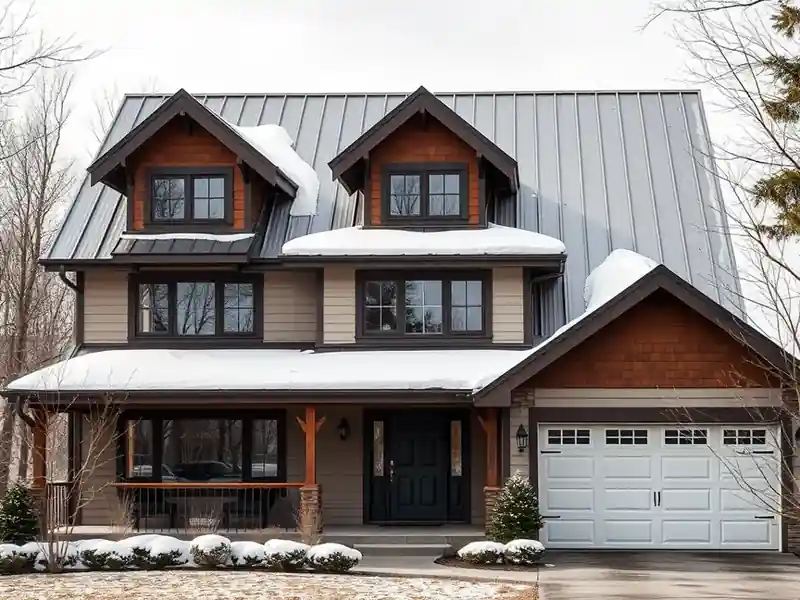 Illustration of close-up of materials and finishes of house with a standing-seam metal roof, as found