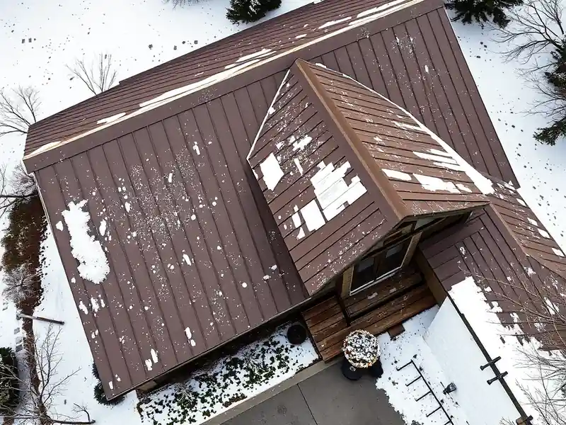 Illustration of a house with snow-covered standing-seam metal roof.