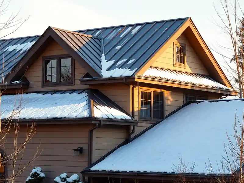 Illustration of close-up of materials and finishes of house with a standing-seam metal roof in a 1980-era home