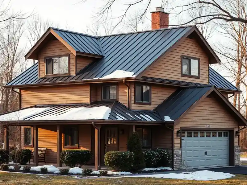 Illustration of close-up of materials and finishes of house with a standing-seam metal roof, as found