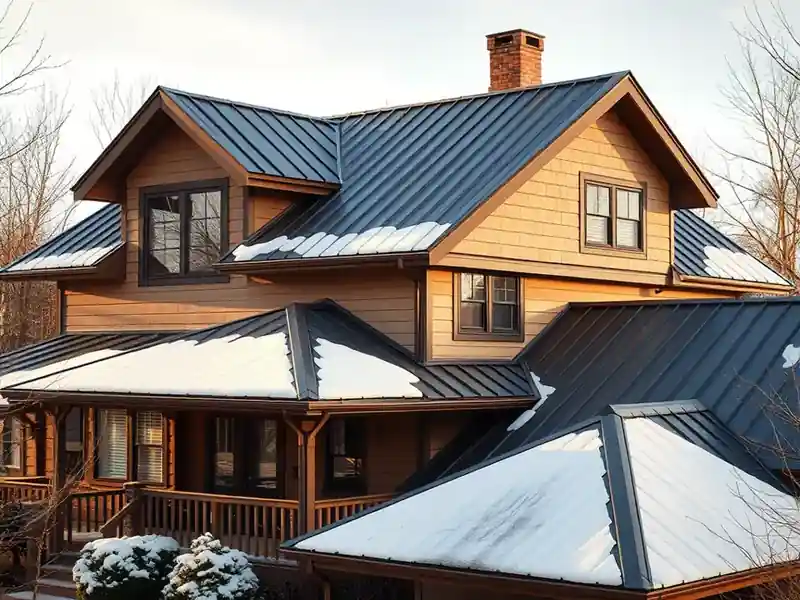Illustration of close-up of materials and finishes of house with a standing-seam metal roof, as found