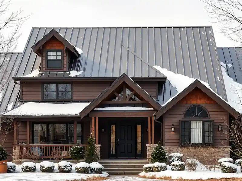Illustration of a house with standing-seam metal roof and wooden siding, covered in snow.
