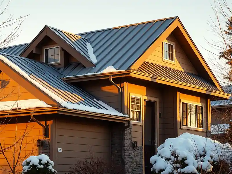 Illustration of close-up of materials and finishes of house with a standing-seam metal roof in a 1980-era home