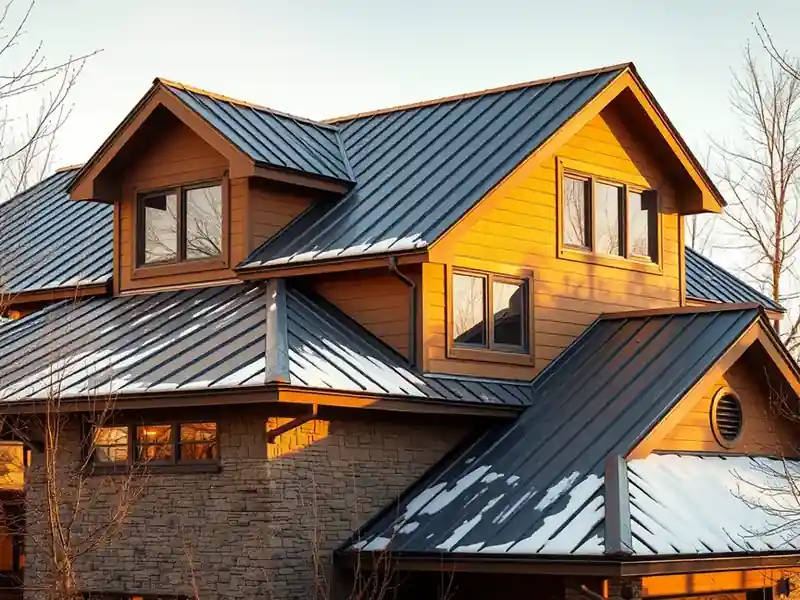 Illustration of close-up of materials and finishes of house with a standing-seam metal roof, as found